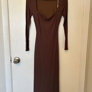 Brown Long Sleeve Midi Dress